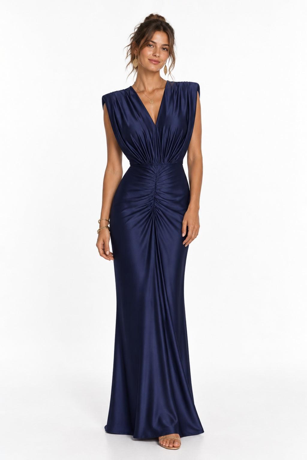 Sheath-Column Floor Length Stretch Satin Wedding Guest Dress CG0385 - Dark Navy - COCOMELODY